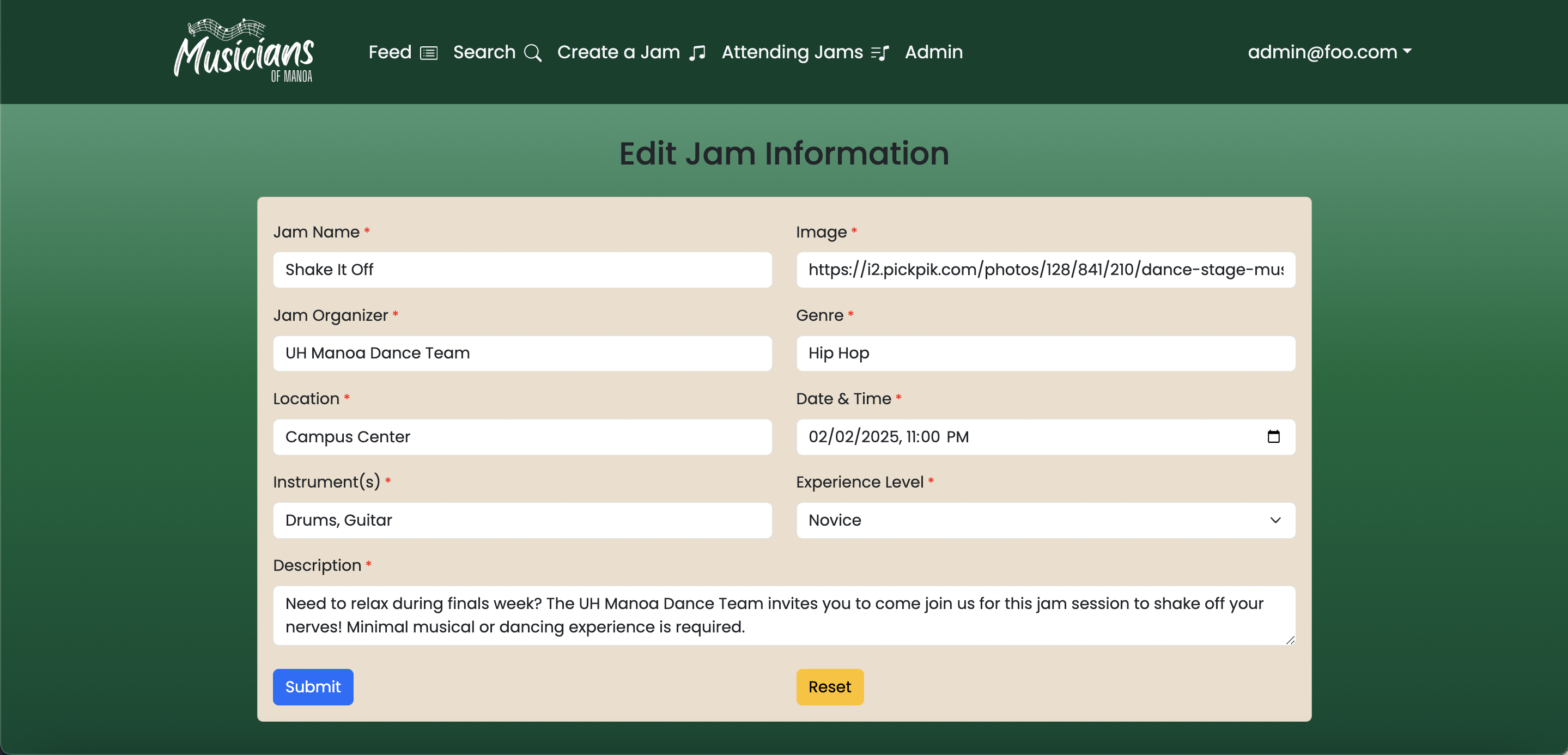 Edit Jam Information Page