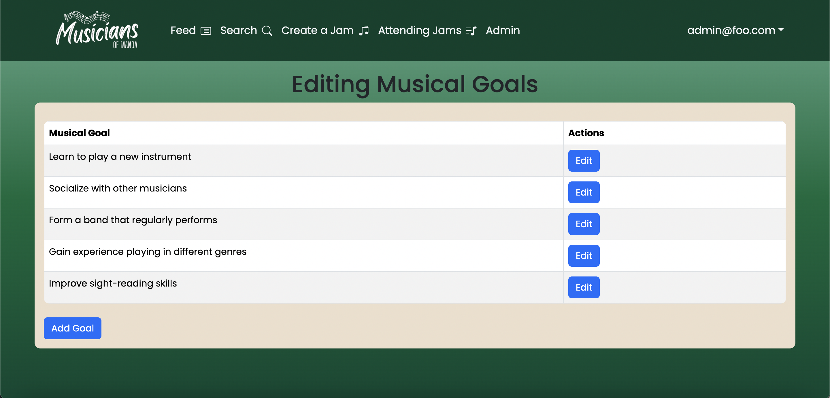 Edit Goals Page