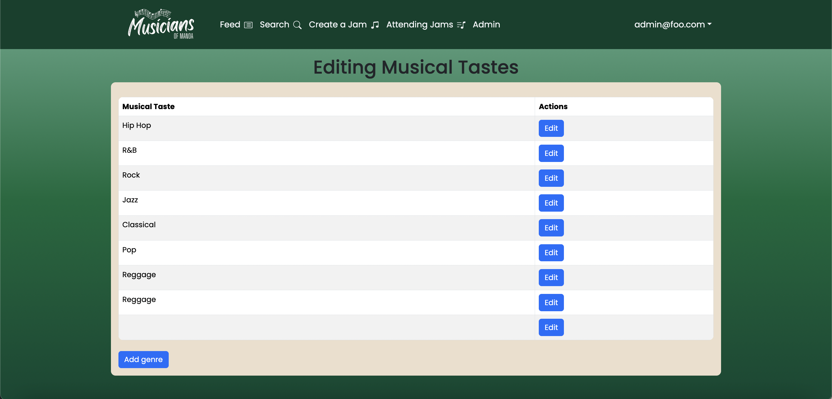 Edit Tastes Page